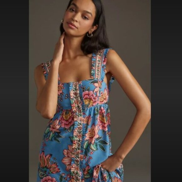 NWT Farm Rio Wonderful Bouquet Blue Sleeveless Maxi Dress Size Medium - Picture 7 of 17